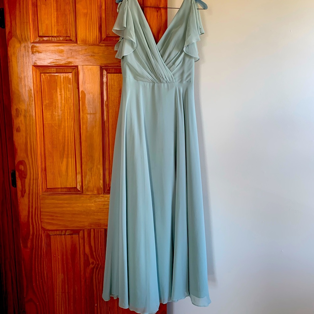 Sage, floor length bridesmaid dress.